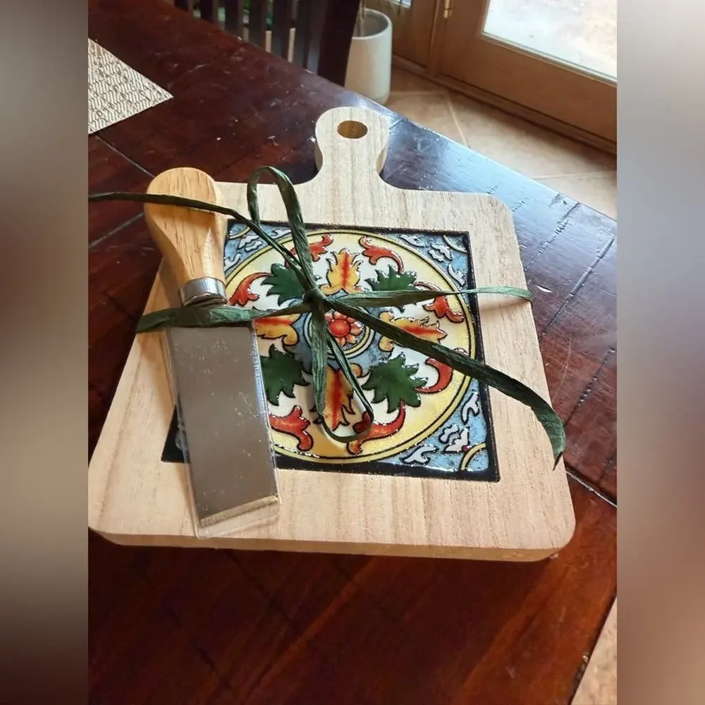 Decorative Wooden Cheese Board with Knife New